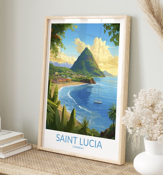 Saint Lucia Caribbean Gros Piton Bay Sailboat Beach Daytime Scene Poster