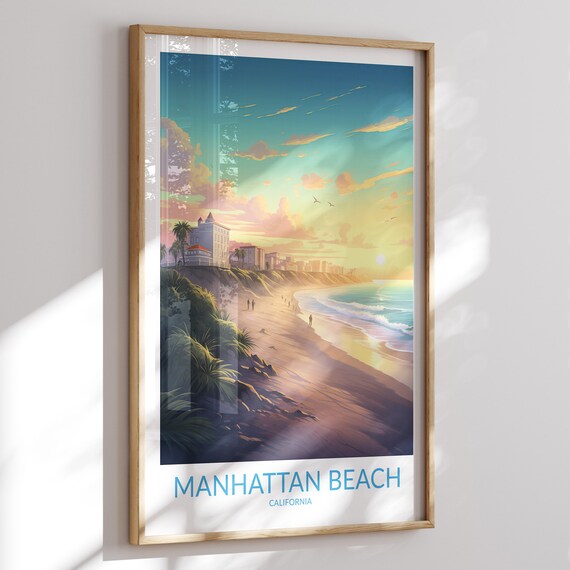 Manhattan Beach California Sunset Travel Poster with Cliffside Buildings