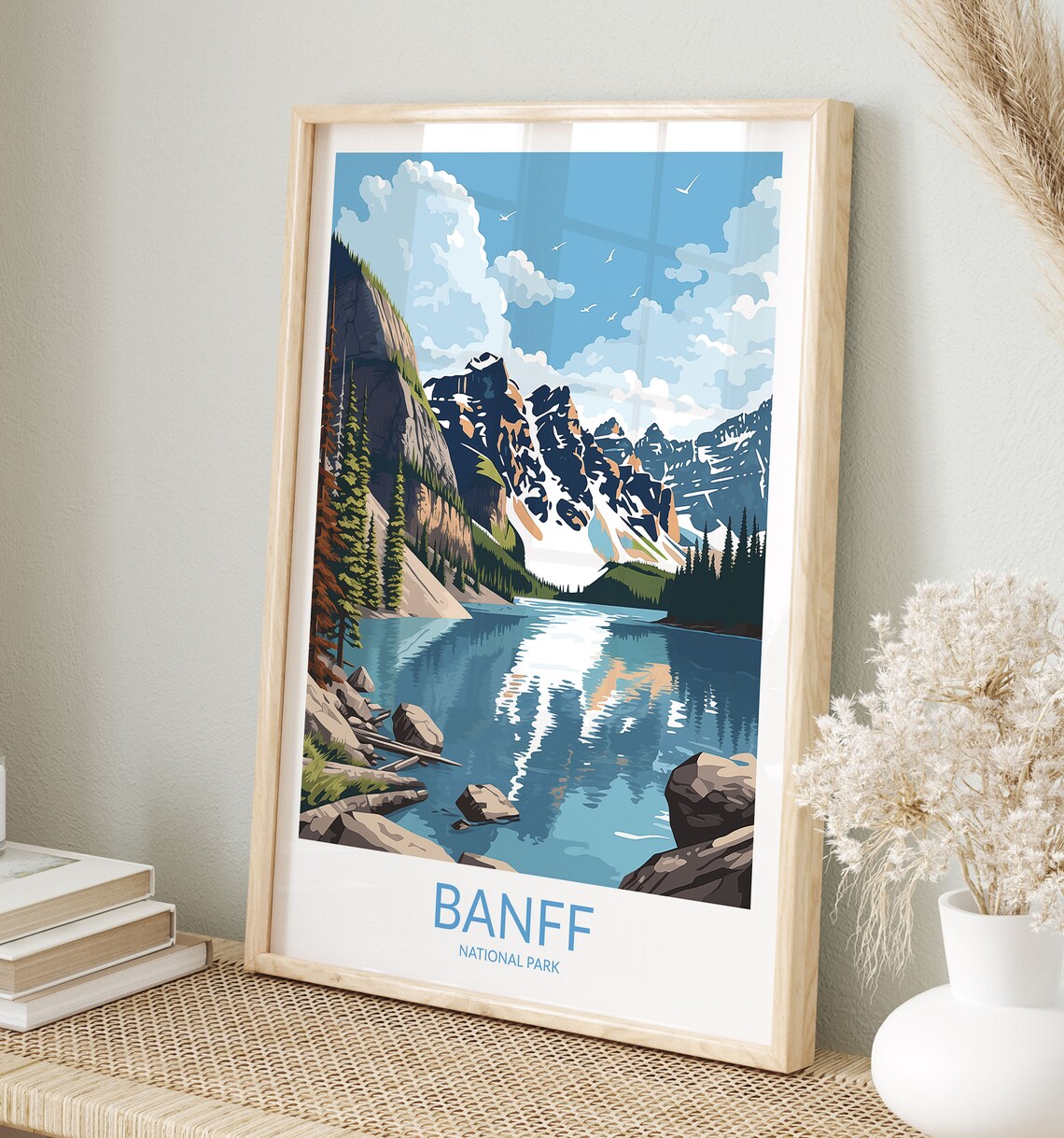 Banff National Park Turquoise Lake Rocky Peaks and Birds Travel Poster