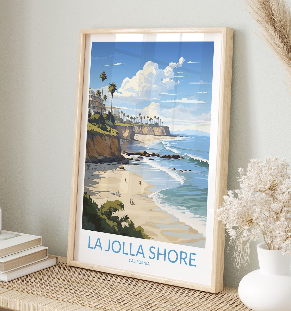 La Jolla Shore California Sandy Beach Cliffs Retro Travel Poster
