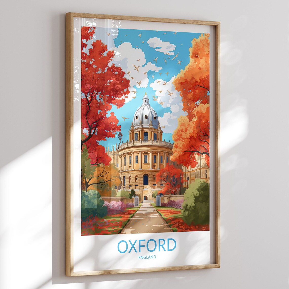 Oxford England Radcliffe Camera Red Autumn Trees Vintage Travel Poster
