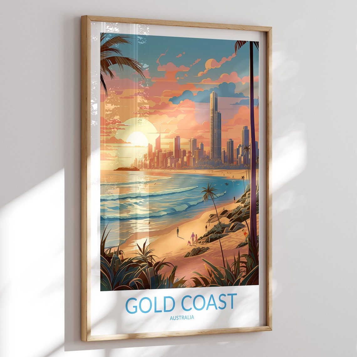 Gold Coast Australia Sunset Beach Palms City Skyline Travel Poster