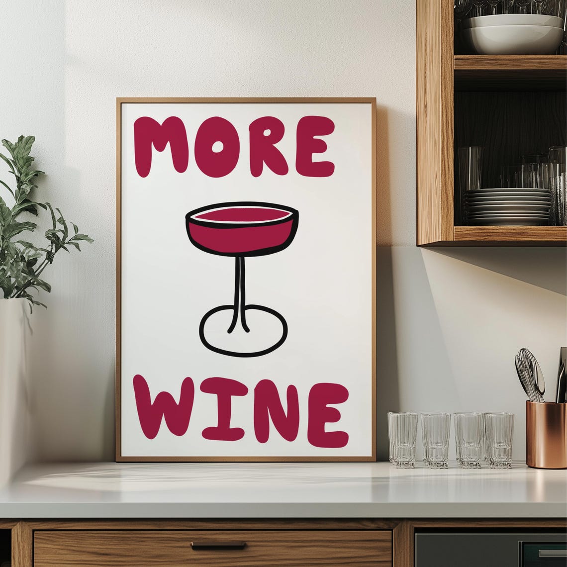 More Wine Bold Red Typography Poster With Wine Glass Kitchen Art