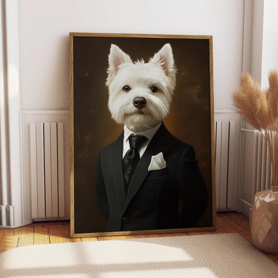 Westie Suit Portrait Dog Poster Pet Custom Art White Terrier Gift For Lover Funny