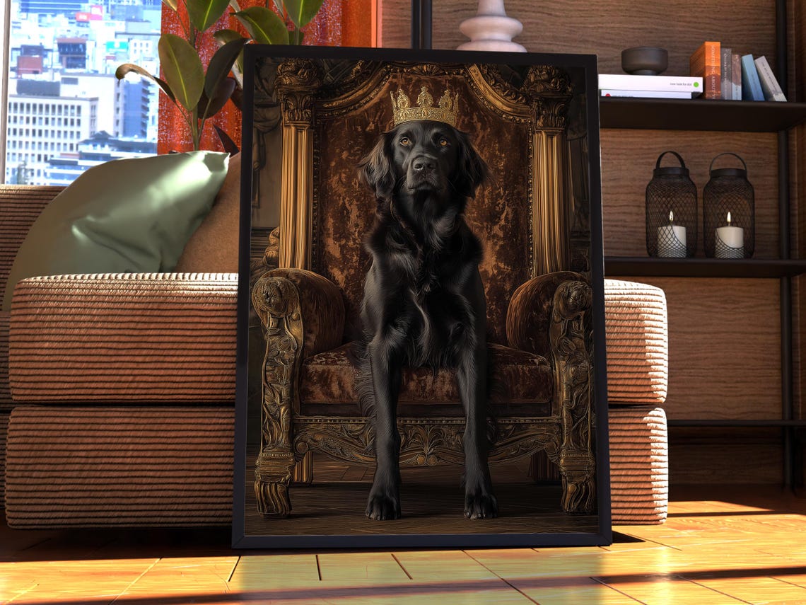 Noble Black Dog Wearing a Crown on a Royal Throne Portrait Poster
