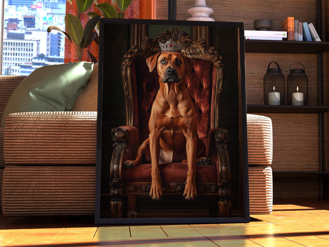 Crowned Royal Dog Sitting on Ornate Velvet Throne Funny Pet Poster