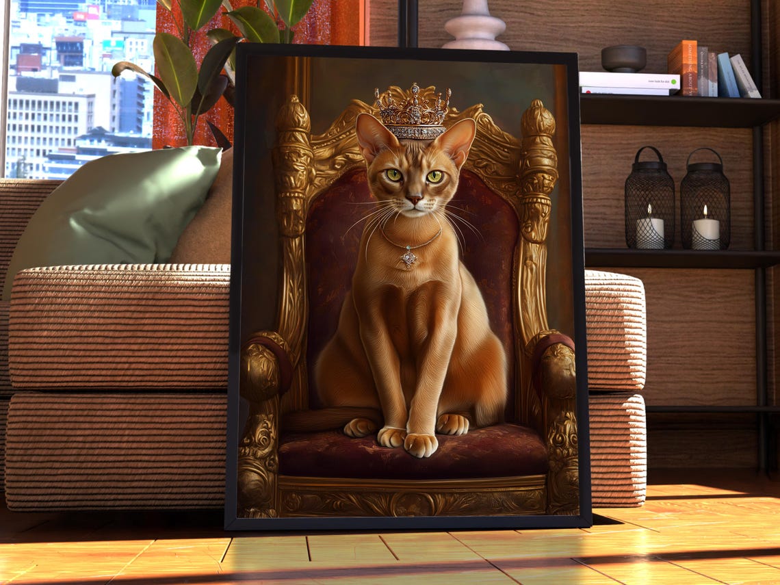 Abyssinian Cat Royal Portrait Crowned Ginger Cat Throne Poster