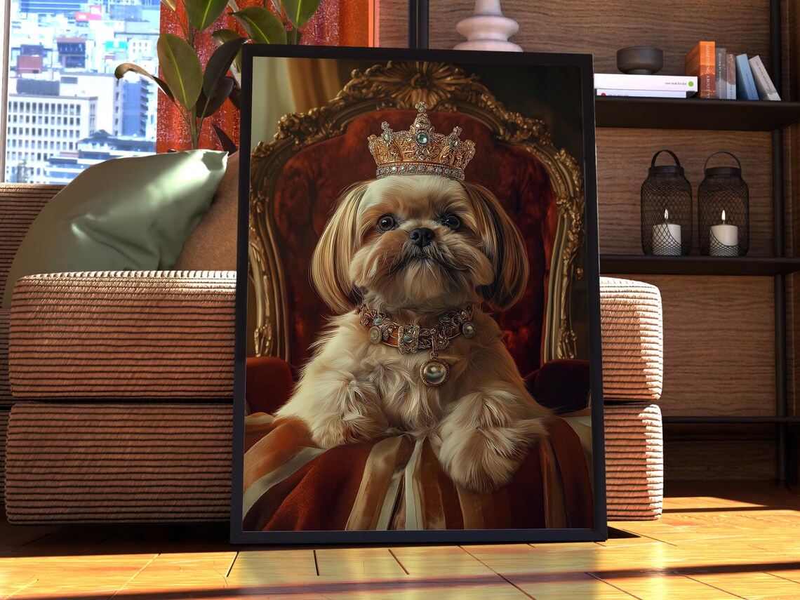 Cute Royal Shih Tzu Puppy Wearing Crown Regal Dog Art Poster