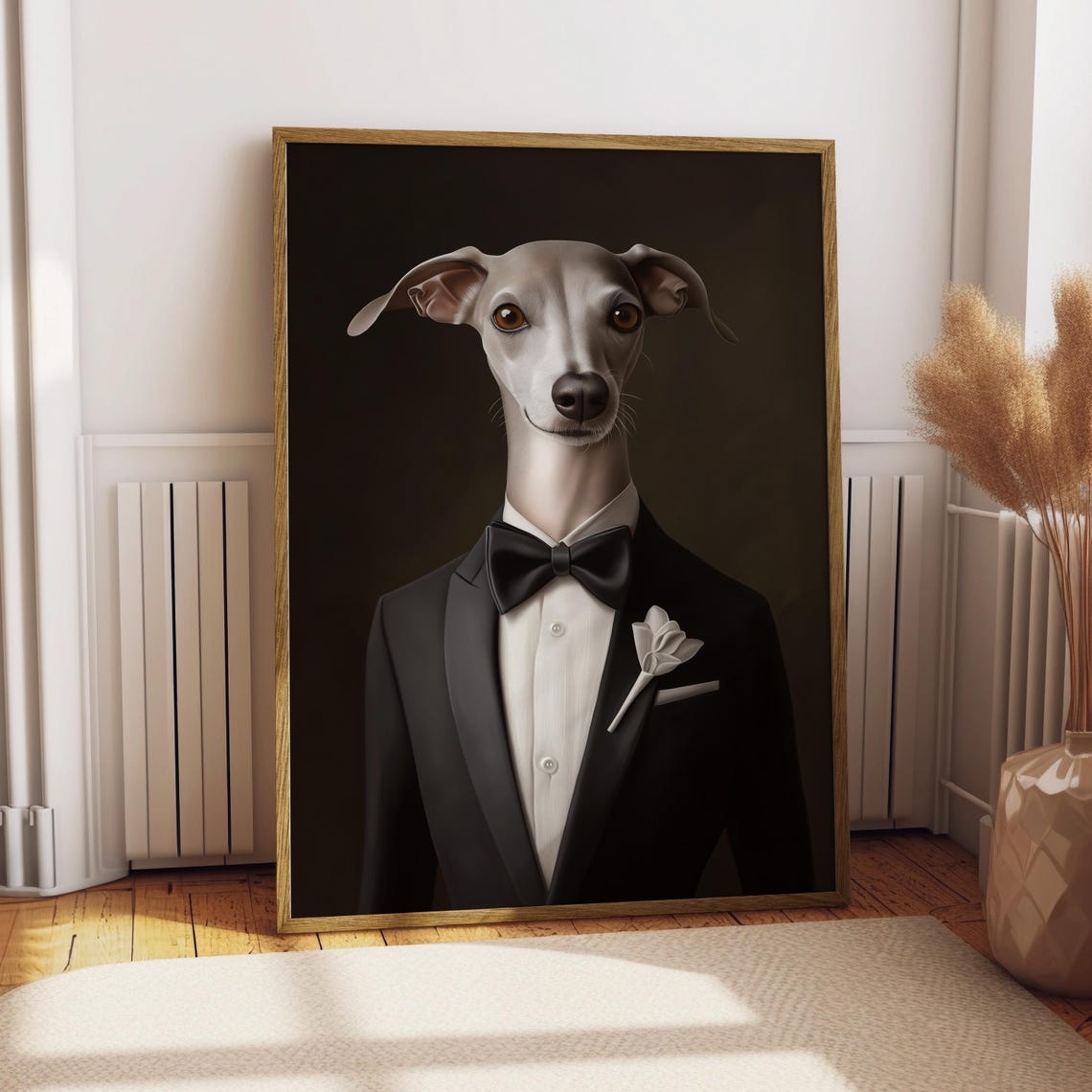 Greyhound Dog in Black Tuxedo Bow Tie Dapper Portrait Poster