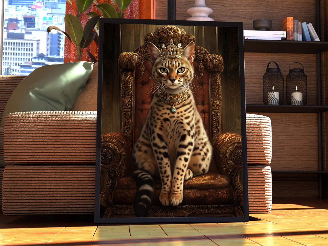 Bengal Cat Royal Crown Jeweled Collar Throne Portrait Wall Art