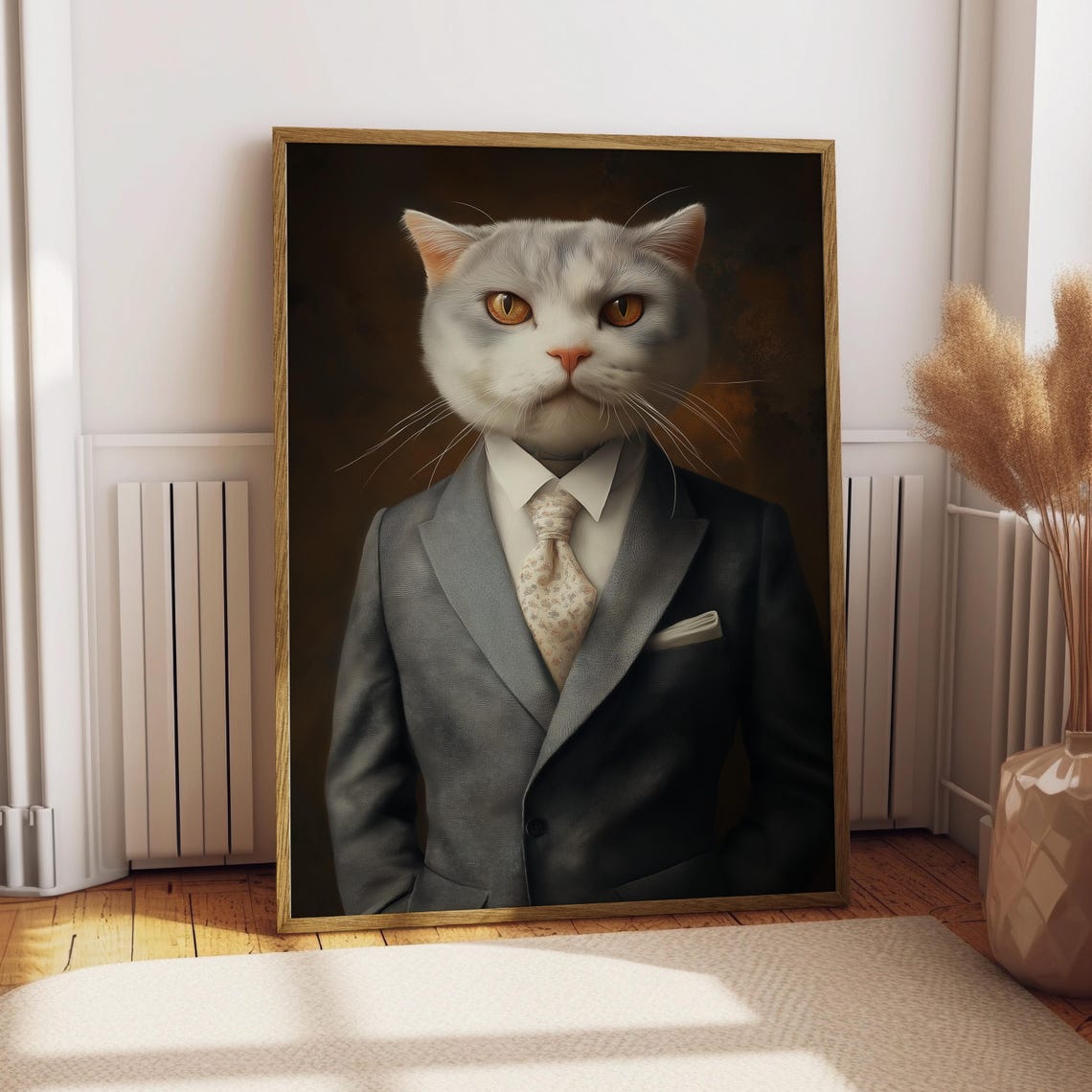British Shorthair Cat in Grey Suit and Patterned Tie Regal Pet Poster