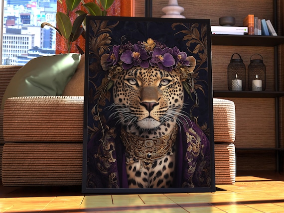 Maximalist Leopard Poster Floral Animal Print Wall Art Portrait Vintage Funky Colourful