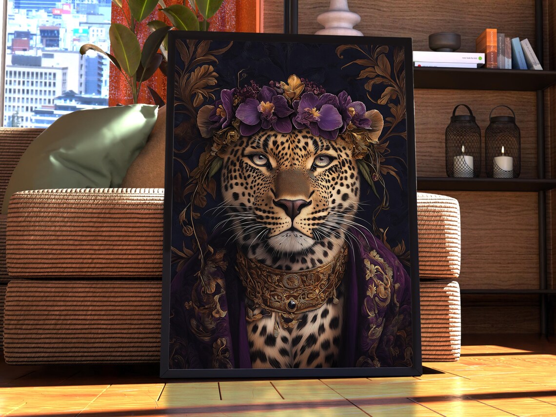 Leopard With Flower Crown Gold Collar Regal Big Cat Art Poster