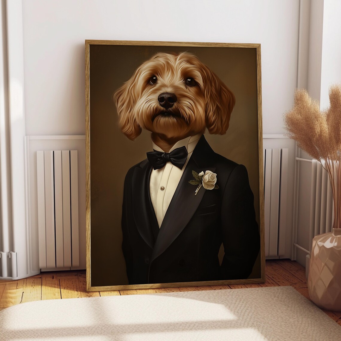 Fluffy Curly Haired Dog in a Black Tuxedo with a White Rose Wall Art
