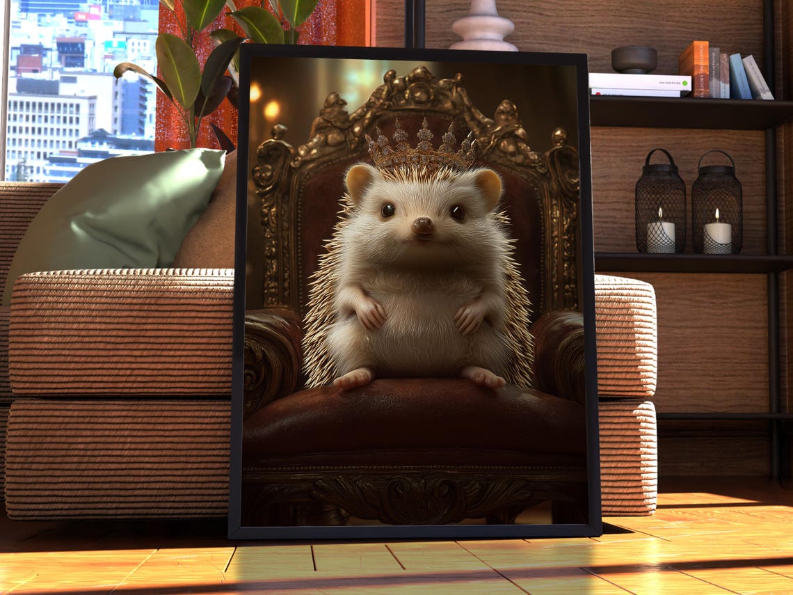 Cute Hedgehog Wearing a Crown on Regal Throne Animal Portrait Poster