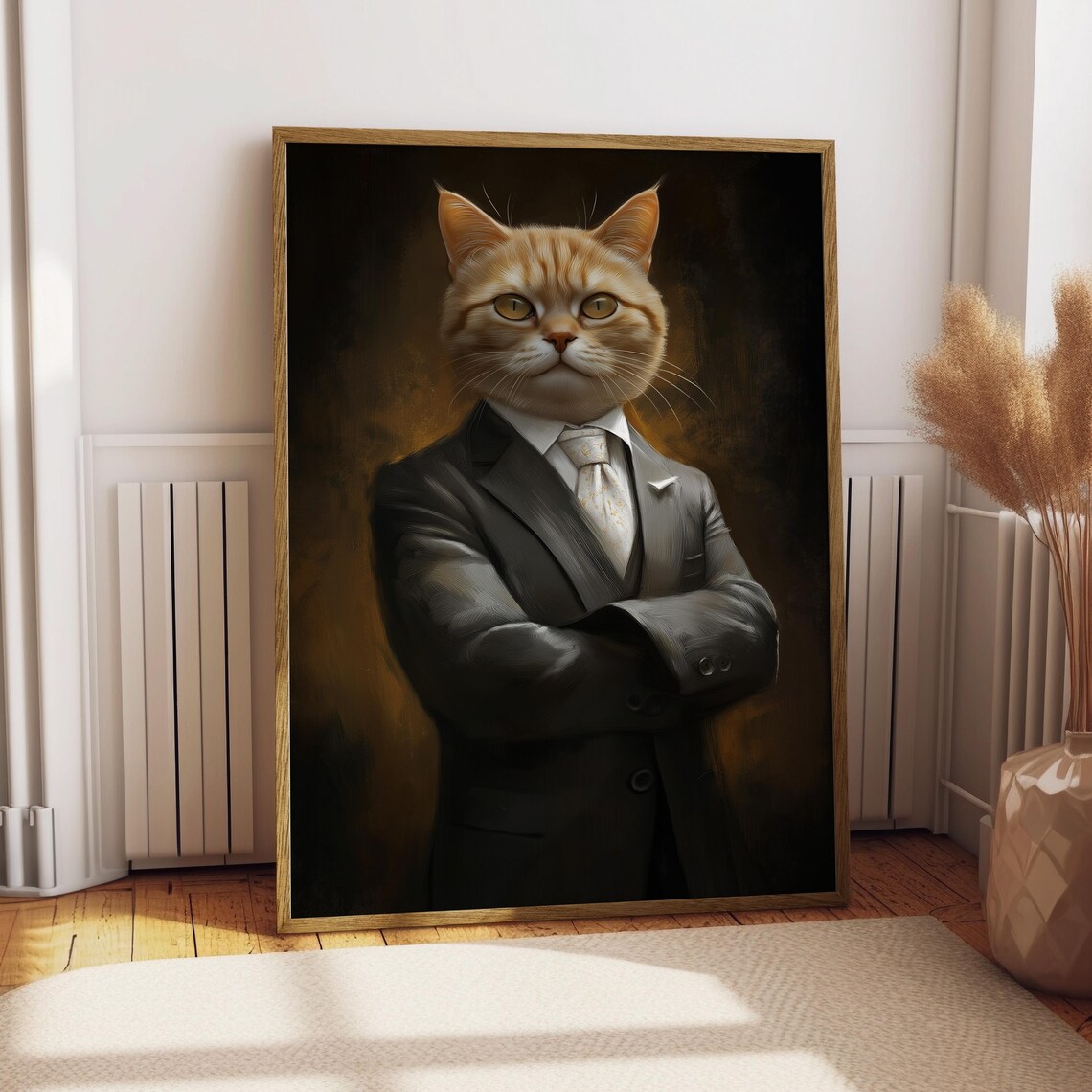 Orange Ginger Tabby Cat in Dark Suit Arms Crossed Funny Pet Poster