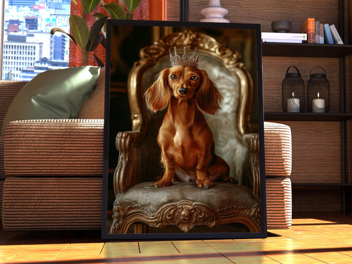 Dachshund Royal Portrait Long Haired Crowned Queen Throne Poster