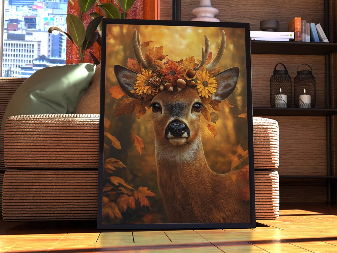 Autumn Deer Stag Floral Crown Golden Woodland Wildlife Poster
