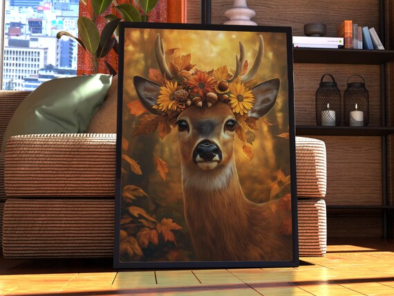 Maximalist Deer Poster Floral Animal Print Wall Art Portrait Vintage Funky Colourful