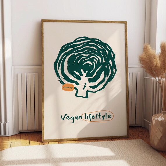 Vegan Lifestyle Cabbage Line Art Poster Minimalist Kitchen Decor