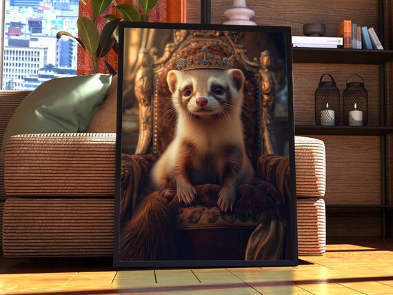 Crowned Ferret on a Royal Throne Cute Animal Portrait Poster