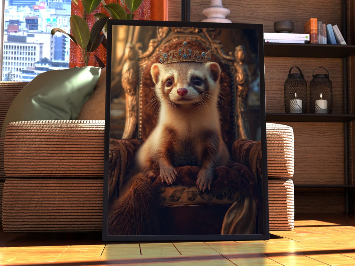 Crowned Ferret on a Royal Throne Cute Animal Portrait Poster