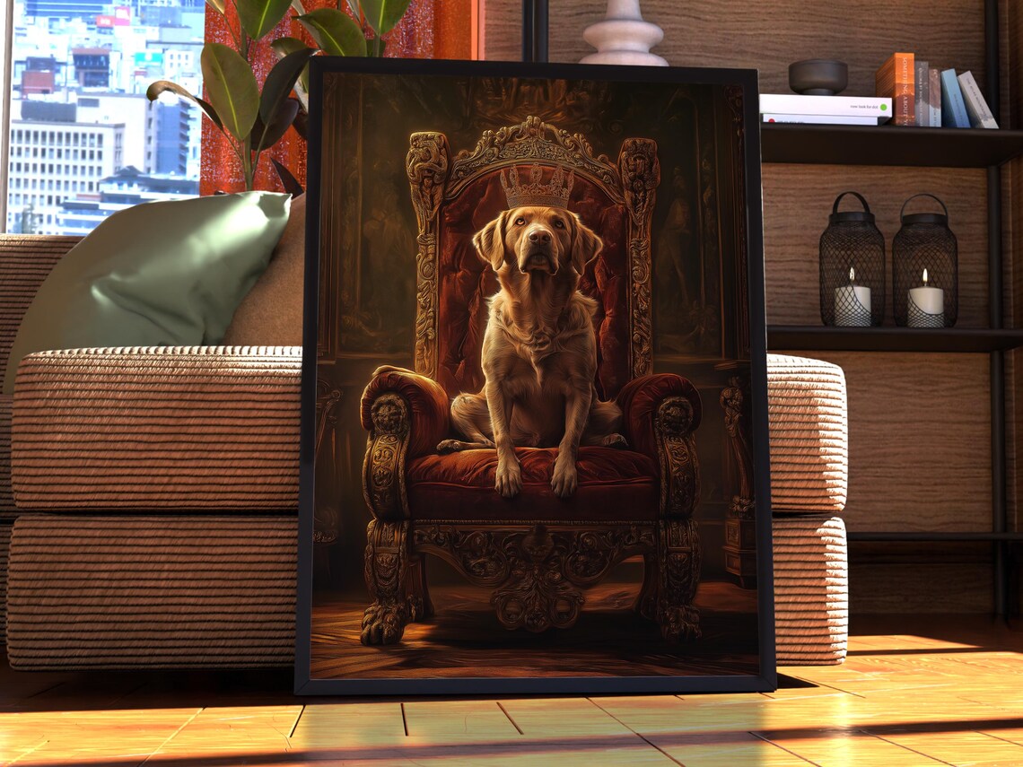 Royal Crown Golden Dog Portrait On Throne Funny Regal Pet Lover Poster