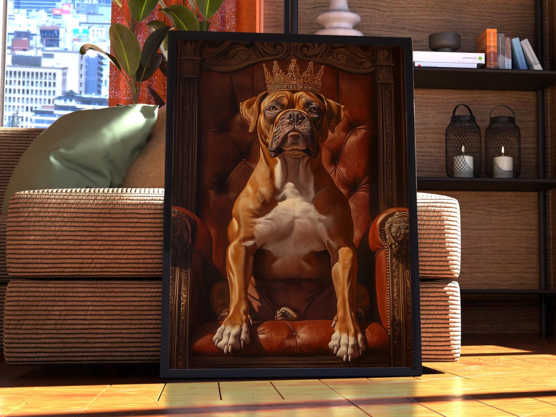 Fawn Boxer Dog Royal Portrait Poster Crowned Puppy Throne Wall Decor