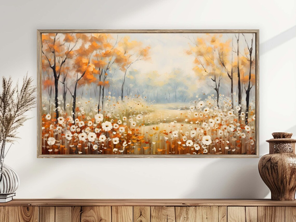Autumn Wildflower Meadow Golden Fall Trees Misty Landscape Painting Poster - Image 4