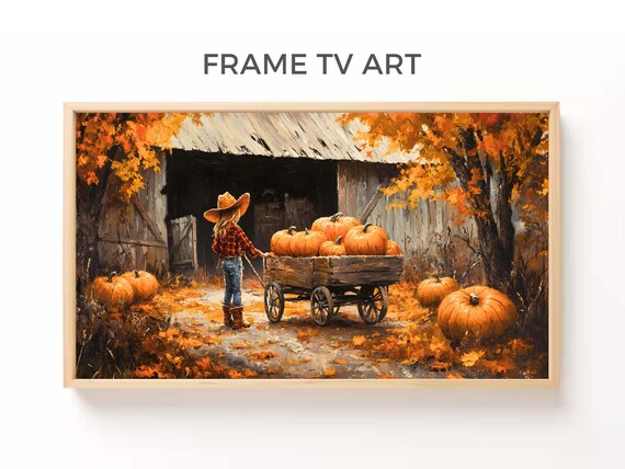 Cowgirl Pulling Pumpkin Wagon At Old Barn Autumn Harvest Scene Poster Print