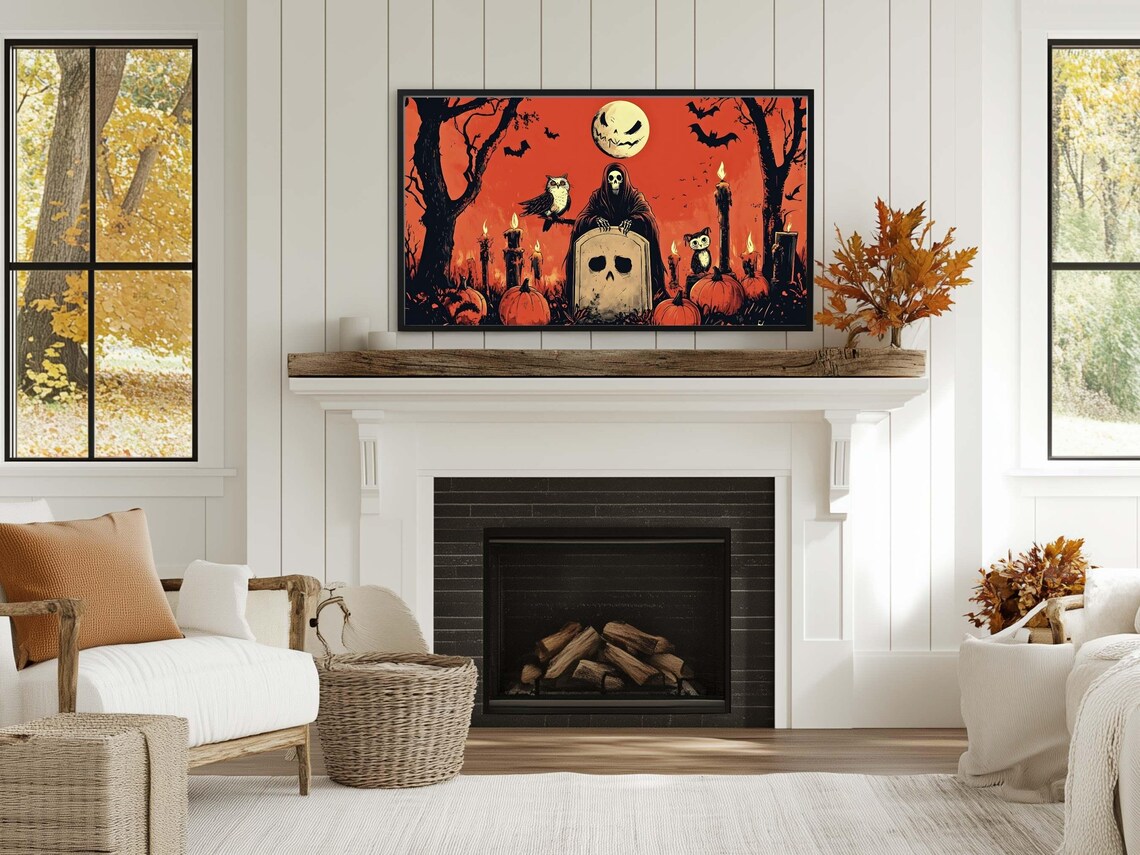 Spooky Skeleton On Graveyard, Halloween Art Print - Image 3