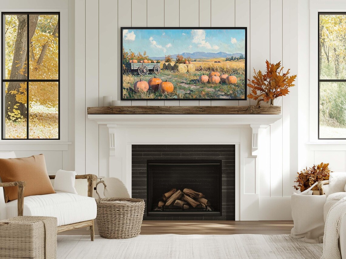 Pumpkin Harvest Field Wagon Hay Bales Blue Sky Impressionist Painting Poster - Image 3