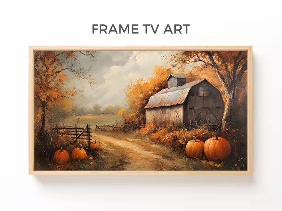 Vintage Frame Tv Art Autumn Barn Oil Painting Moody Farmhouse Art With Pumpkins And Fall Trees
