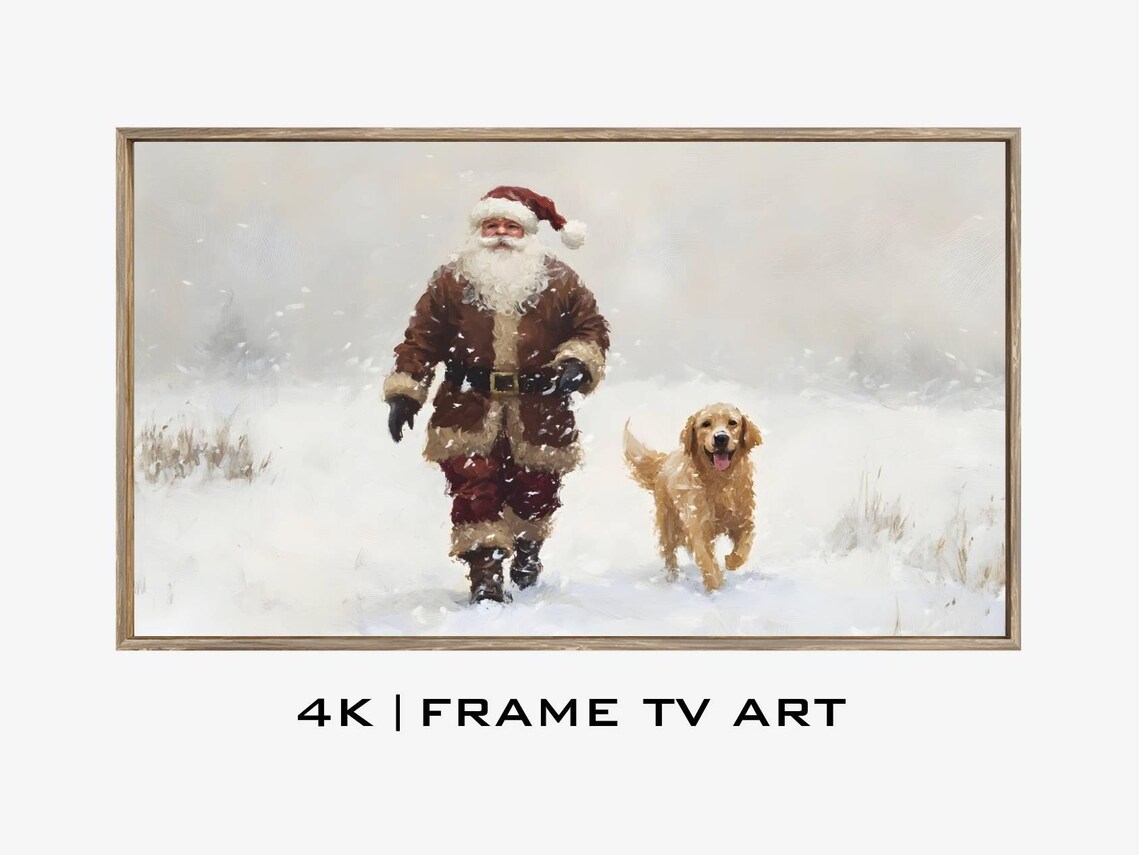 Santa and Golden Retriever in Winter Wonderland Art Print - Image 2