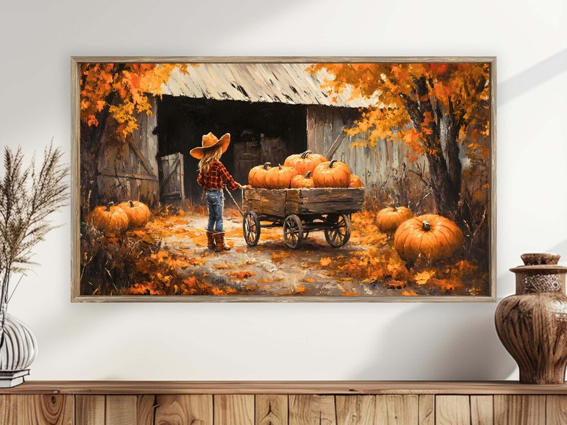 Cowgirl Pulling Pumpkin Wagon At Old Barn Autumn Harvest Scene Poster Print - Image 4