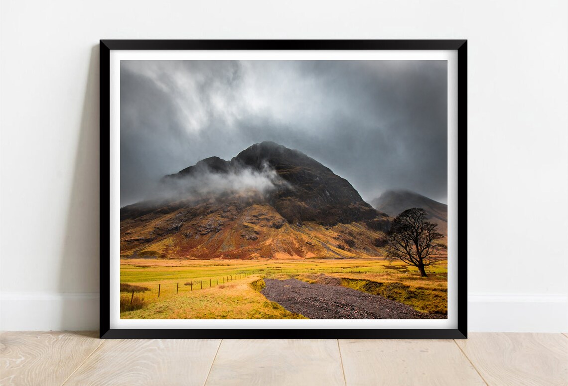 Glencoe Scotland Misty Mountain Over Golden Moor And Lone Tree Poster