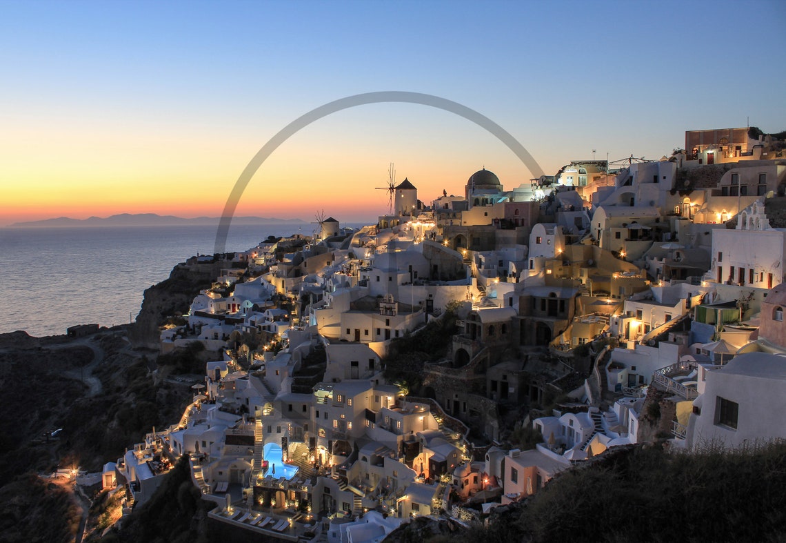 Santorini Greece Whitewashed Cliff Town Sunset Sea View Travel Poster - Image 3