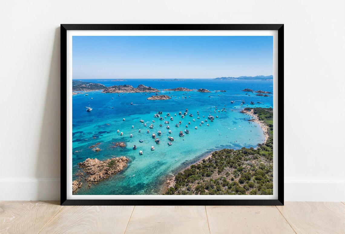 Sardinia Turquoise Bay Aerial Photo with Anchored Sailing Boats Poster
