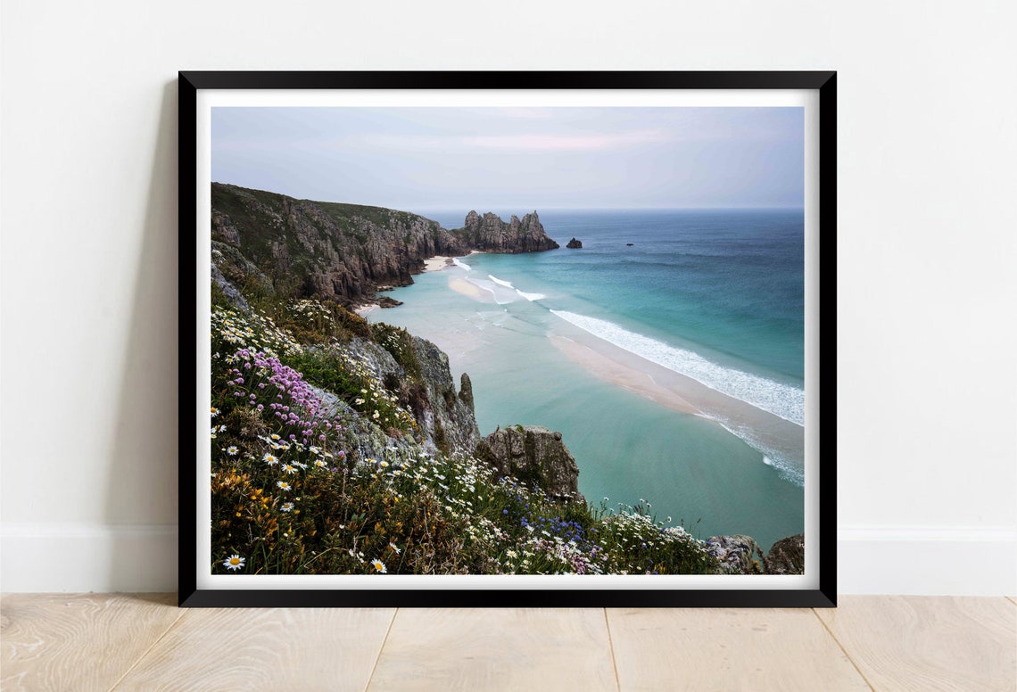 Pedn Vounder Beach Cornwall Dramatic Cliffs Turquoise Sea View Poster