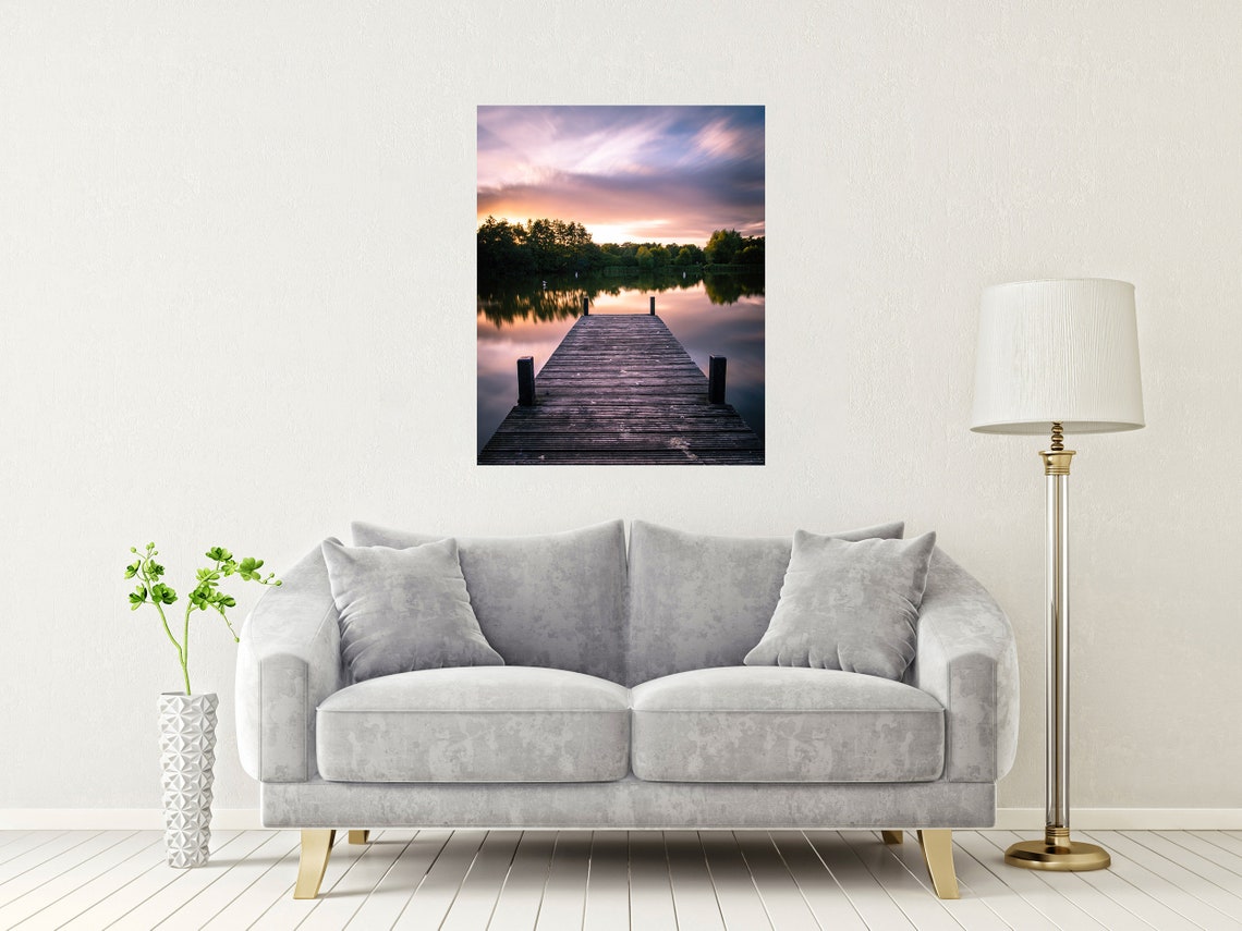 Wooden Pier Lake Sunset Purple Sky Mirror Still Water Poster - Image 2
