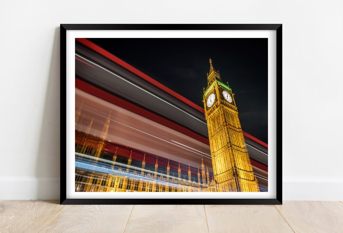 Big Ben London Red Bus Light Trails Night Long Exposure Poster