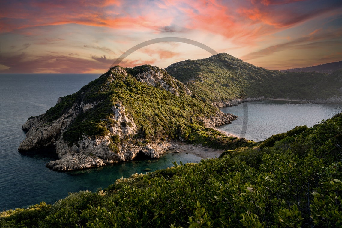 Corfu Greece Sunset Sea with Green Headland Pink Clouds Poster - Image 3