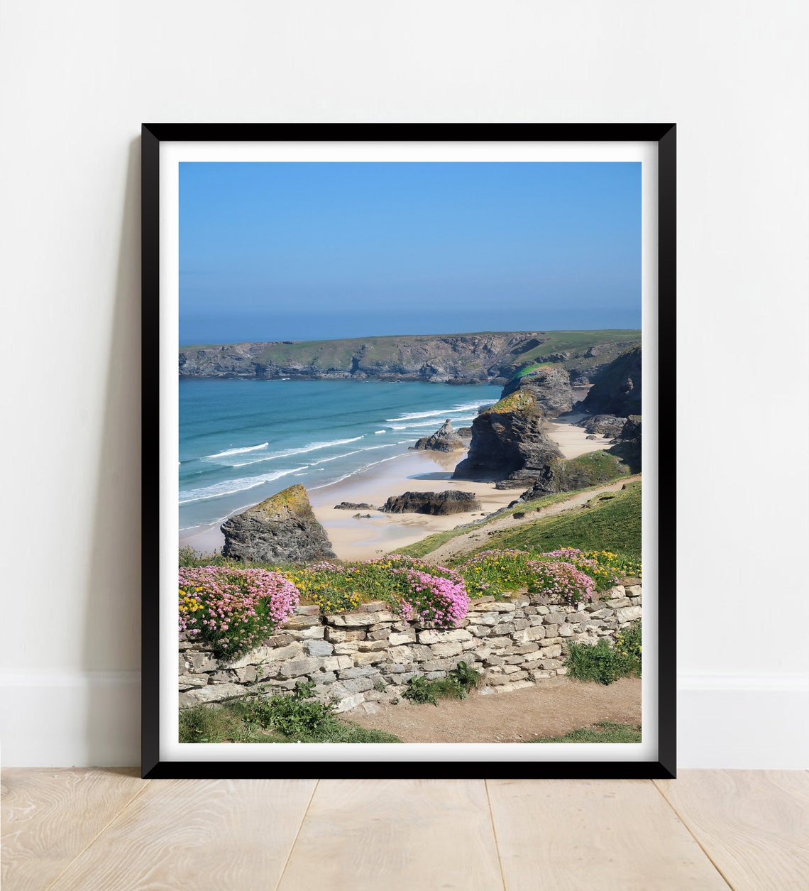 Bedruthan Steps Beach Cornwall Sea Stacks Wildflowers Poster