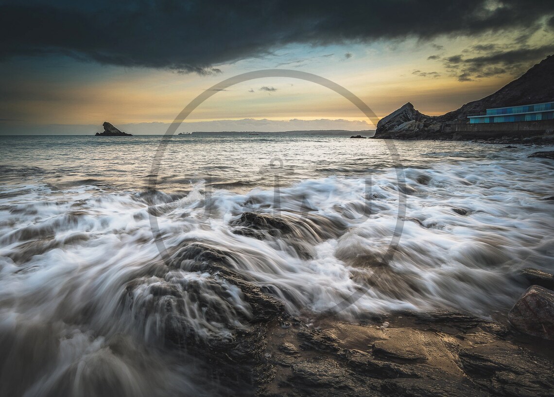Meadfoot Beach Torquay Sunset Waves Crashing on Rocks Poster - Image 3