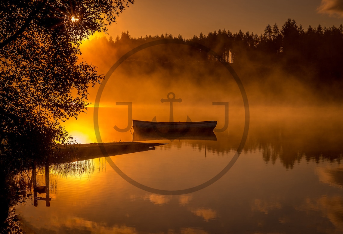 Loch Rusky Scotland Misty Sunrise Boat Still Water Golden Glow Poster - Image 3