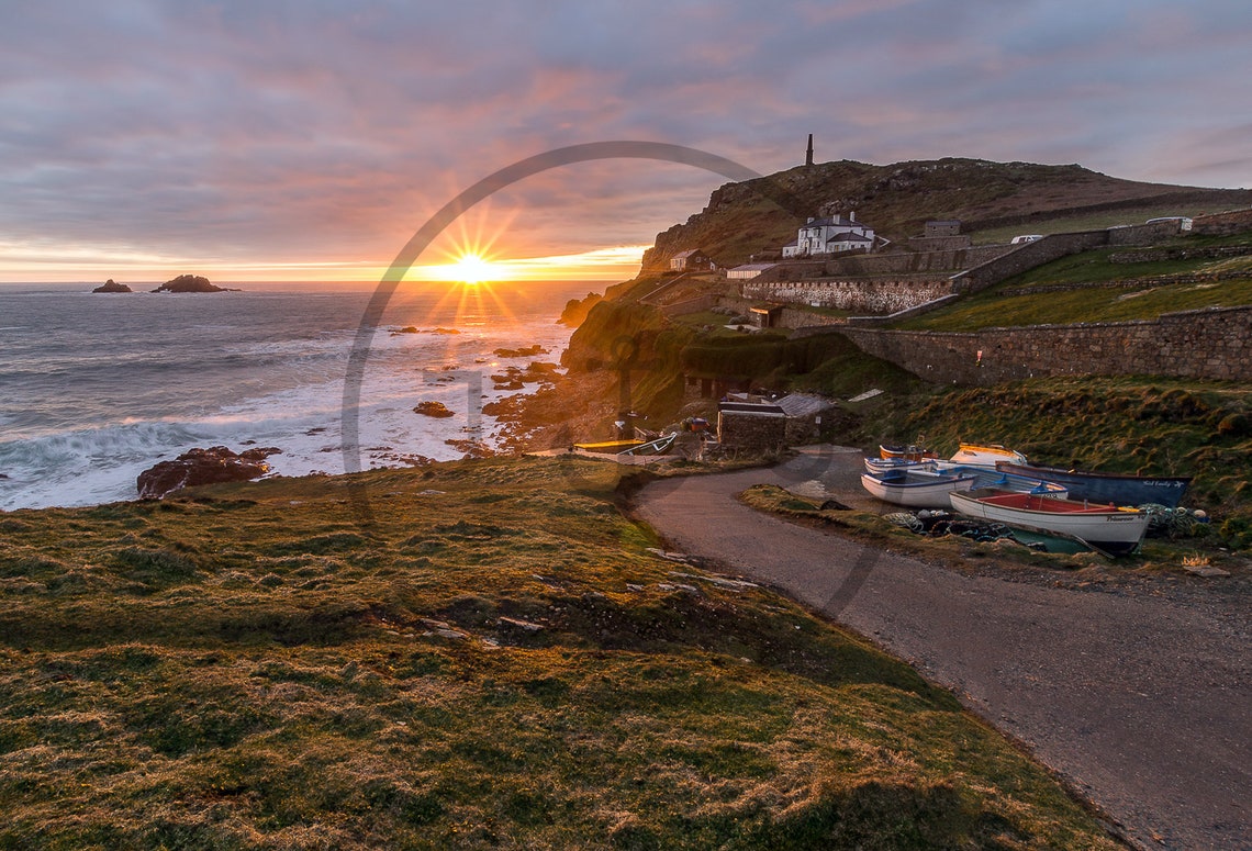 Cape Cornwall Sunset Boats Cottages Rocky Headland Mine Chimney Poster - Image 3