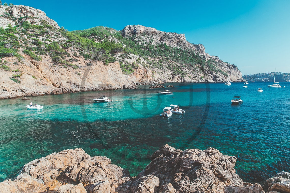 Mallorca Turquoise Cove with Boats and Green Rocky Cliffs Poster - Image 3