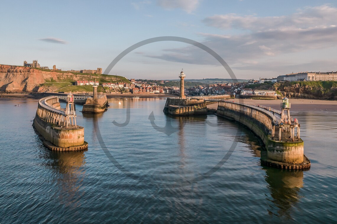 Whitby Harbour Yorkshire Pier Lighthouses Aerial Sunset Poster - Image 3