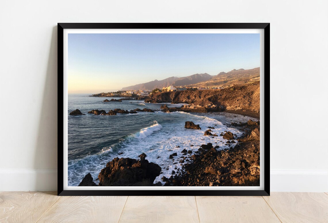 Tenerife Canary Islands Rocky Coast Sunset Waves Photo Poster