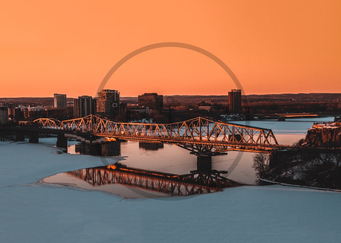 Ottawa River Frozen Winter Sunset With Truss Bridge Reflection Poster - Image 3